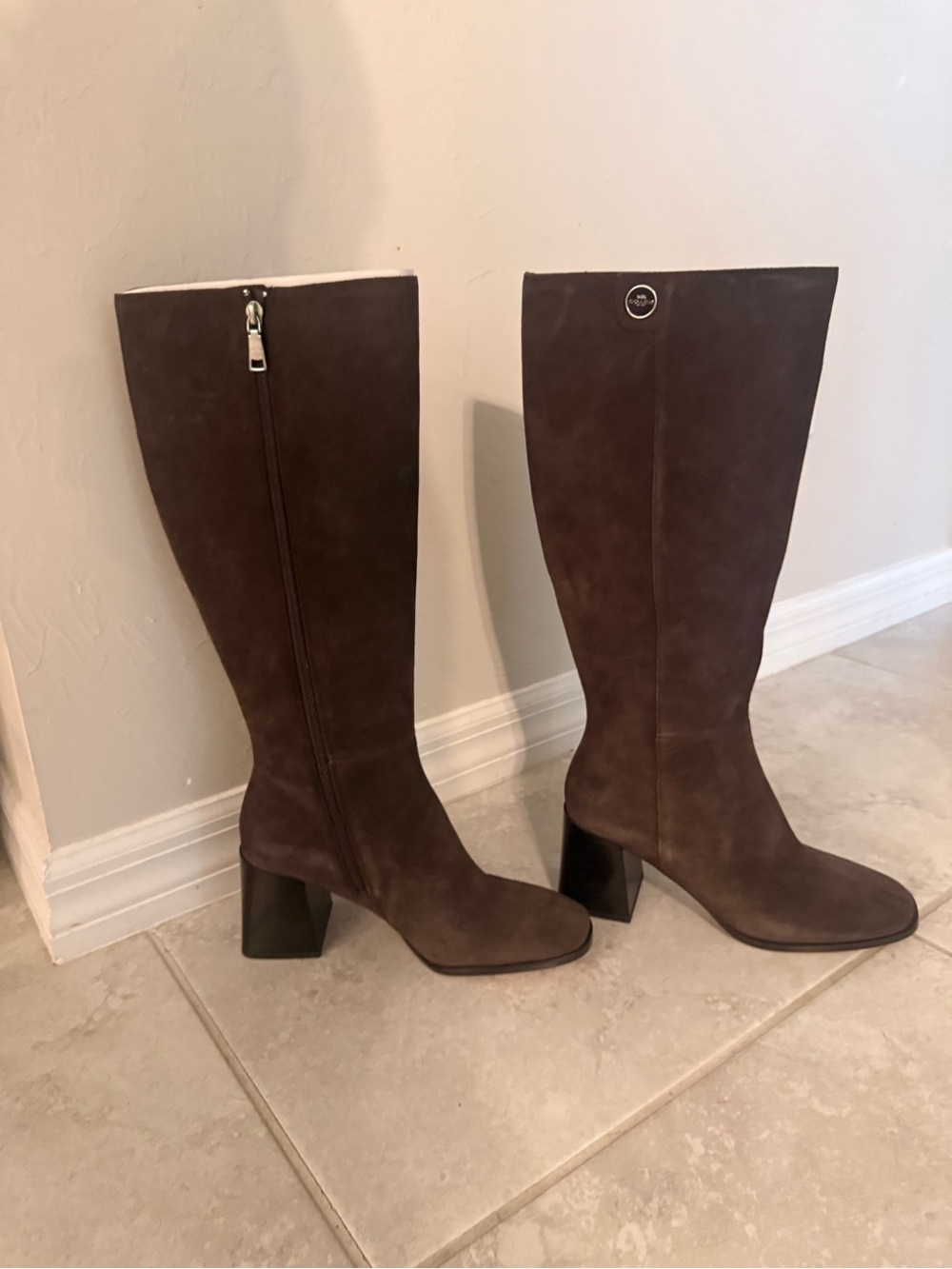Coach Dark Brown Suede Boots with Block Heel